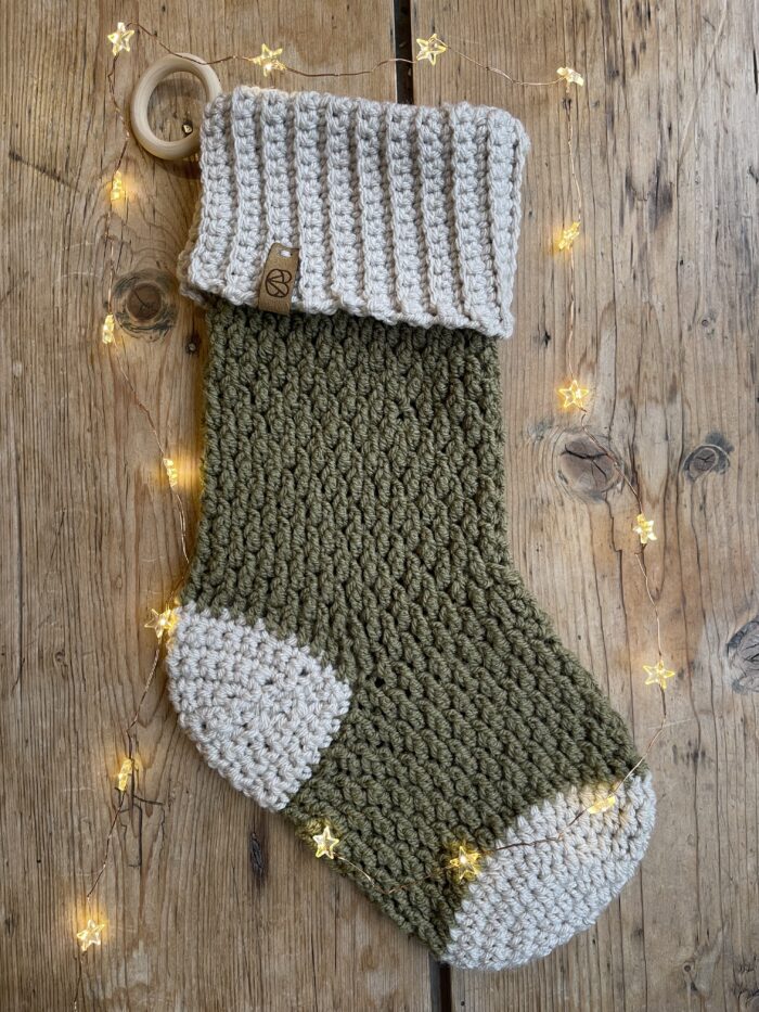 Crocheted Christmas Stocking (Khaki & Cream)